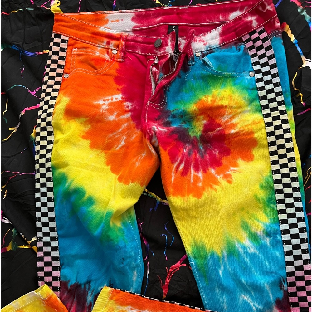 Hand tye dyed rainbow jeans
